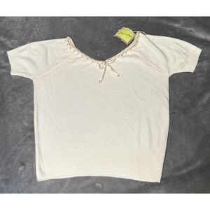 Vintage Merriwether Sweater Womens White Beaded Bow Orlon Knit Short Sleeve 50s